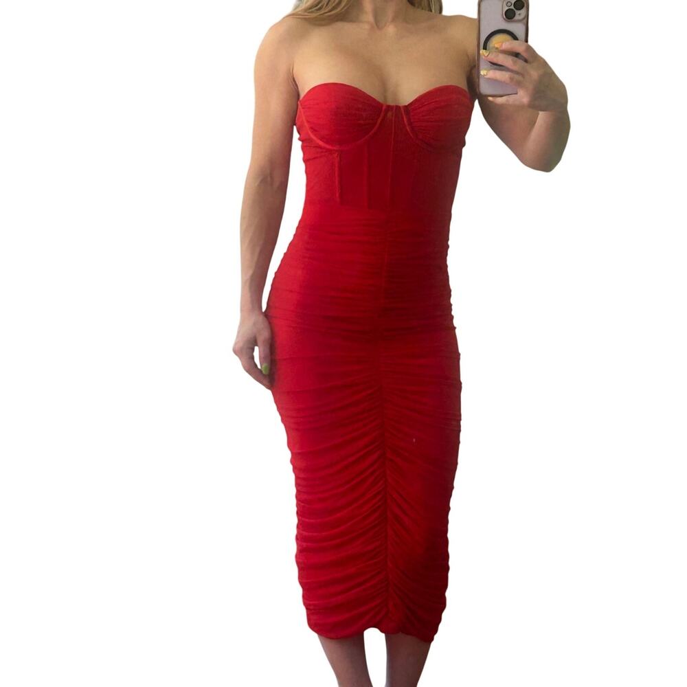 Miyake Archive Red Sexy Bombshell Ruched Mesh Bustier Midi Dress XS